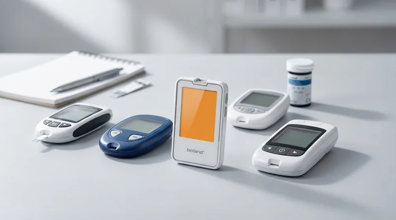 Collection of modern Bluetooth glucose monitors and testing supplies arranged on a clean white surface.
