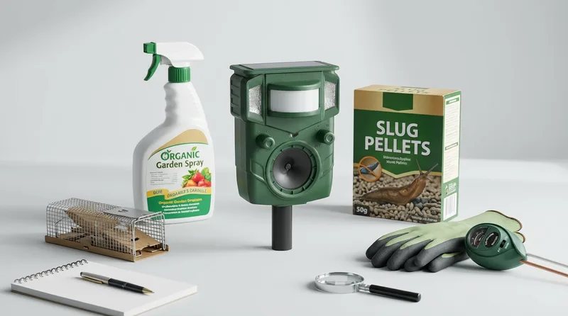 Collection of various solar-powered animal repellers with motion sensors and LED lights arranged in outdoor garden setting