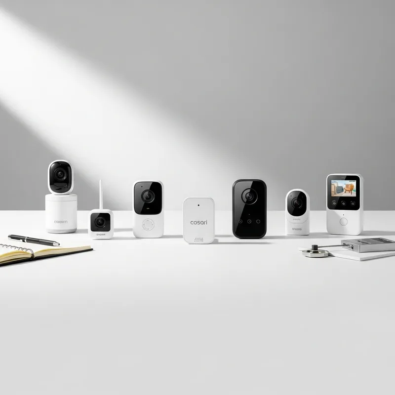 Collection of baby monitor products arranged on a nursery dresser